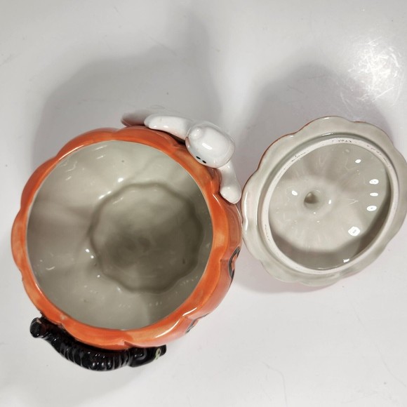 Vintage Halloween Candy Jar Fitz & Floyd 1987 Pumpkin Ghost Black Cat 7 inch - Picture 6 of 9